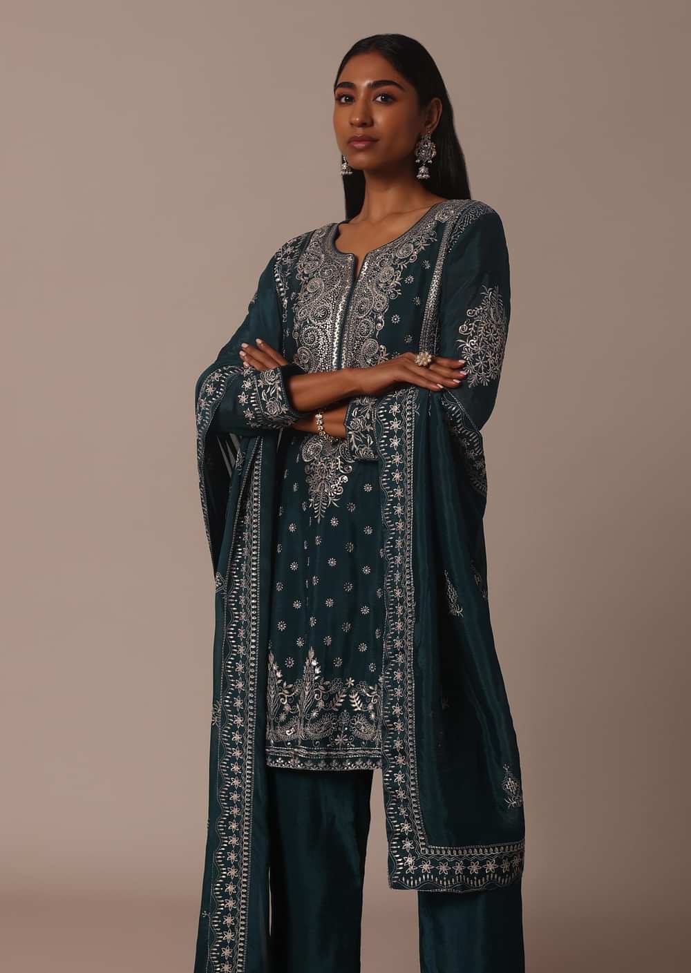 Green Embellished Pant Set With Thread Work Kurta