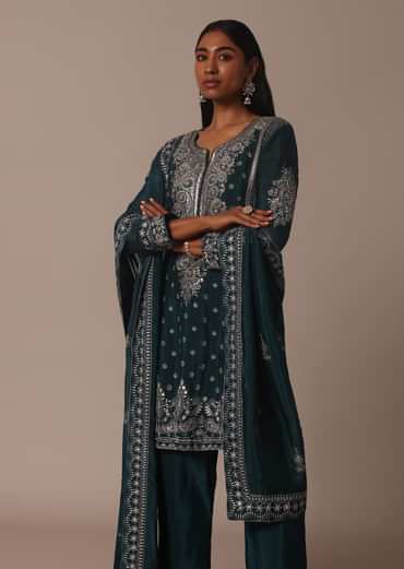 Green Embellished Pant Set With Thread Work Kurta