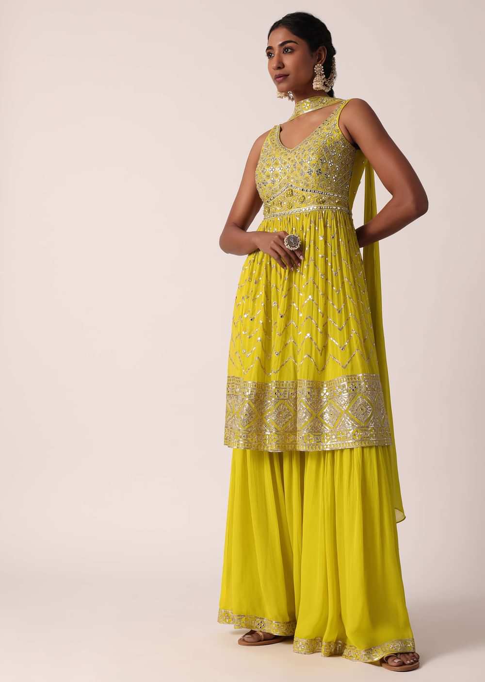 Green Embellished Sharara Set With Mirror Work
