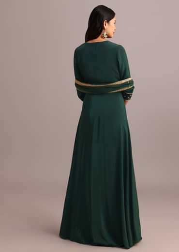 Green Embroidered Anarkali Palazzo Suit With Net Dupatta