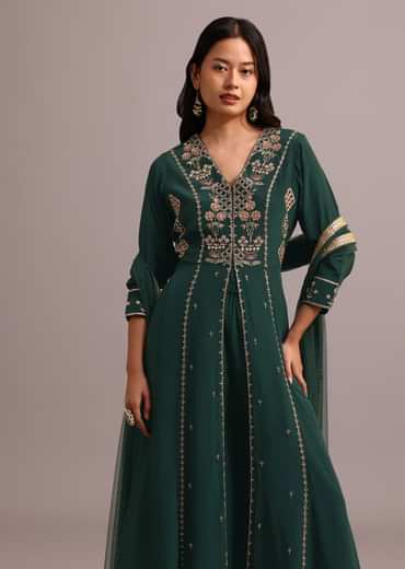 Green Embroidered Anarkali Palazzo Suit With Net Dupatta