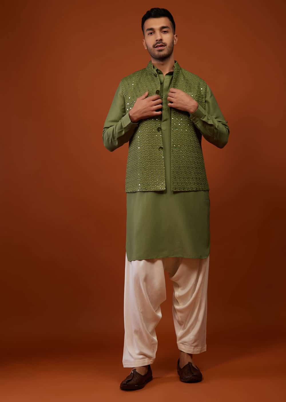 Buy Olive Green Embroidered Bandi Jacket Set In Cotton Silk