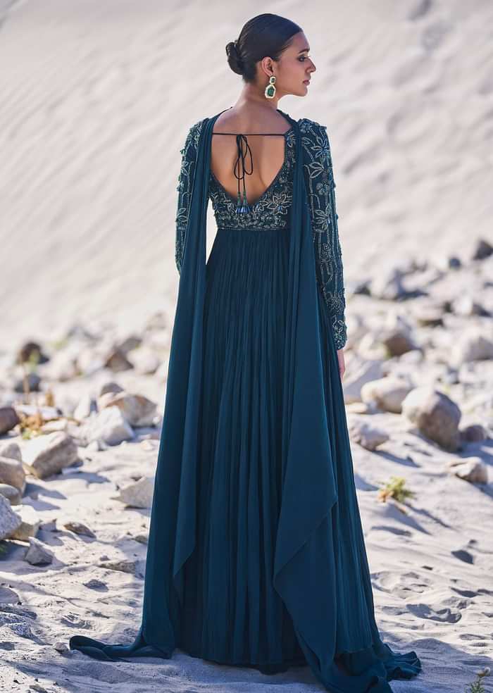 Green Embroidered Crepe Gown With Choker Dupatta