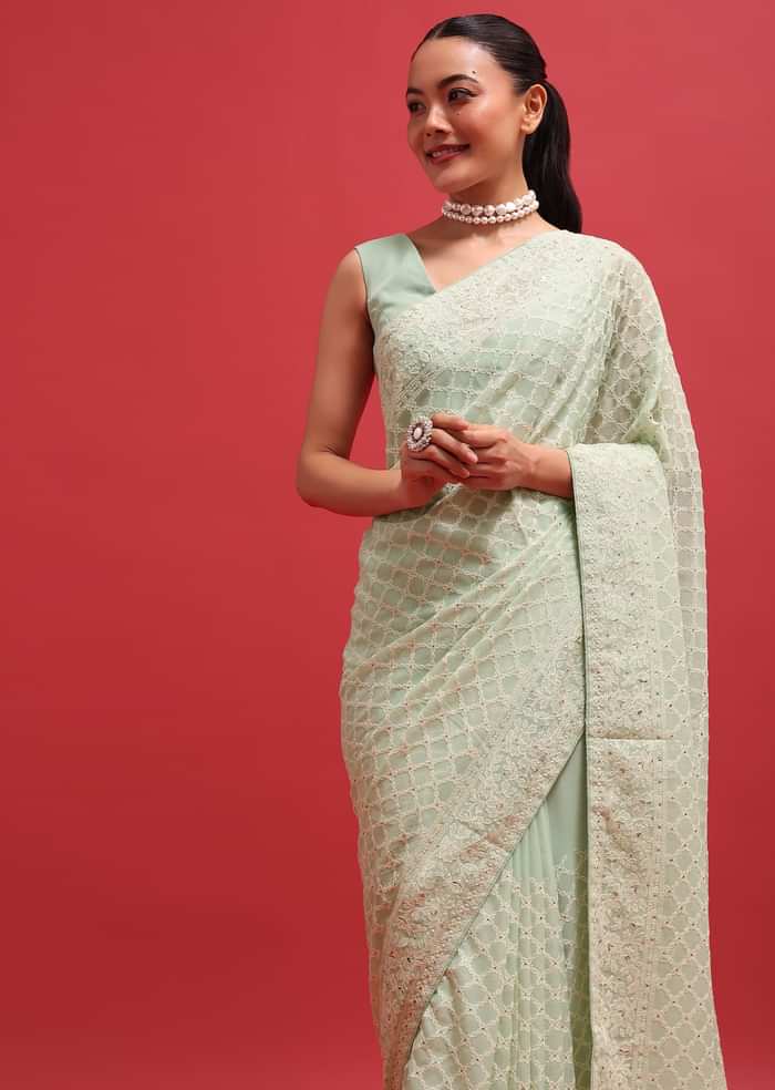 Green Embroidered Georgette Chikankari Saree With Unstitched Blouse
