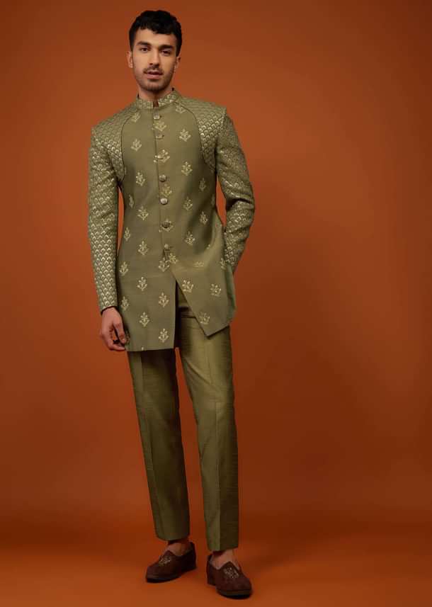 Moss Green Embroidered Indo-Western Sherwani Set In Tussar Silk