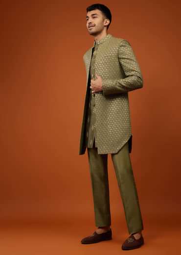 Moss Green Embroidered Indo-Western Sherwani Set In Tussar Silk