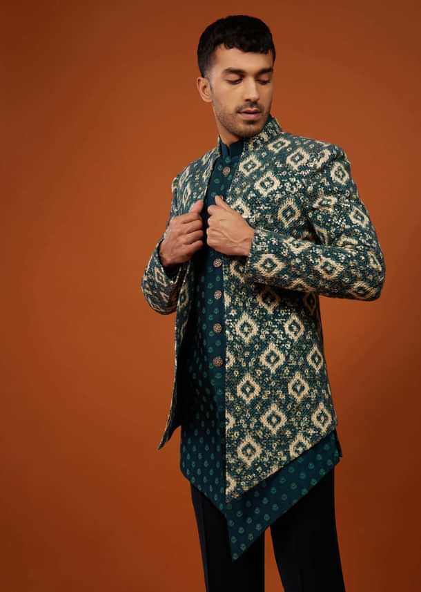 Bottle Green Embroidered Indo-Western Sherwani Set In Georgette