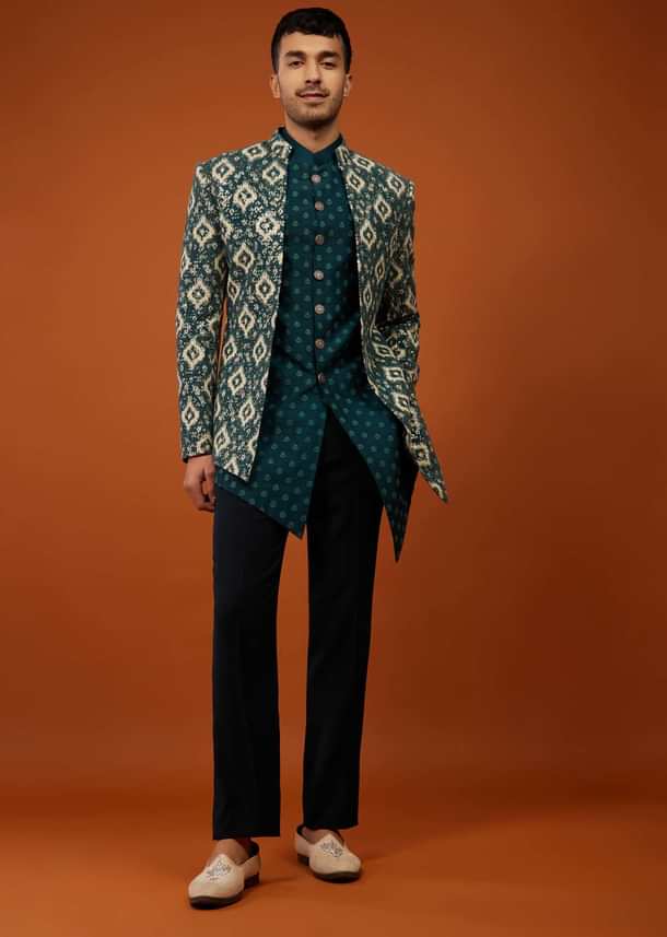 Bottle Green Embroidered Indo-Western Sherwani Set In Georgette