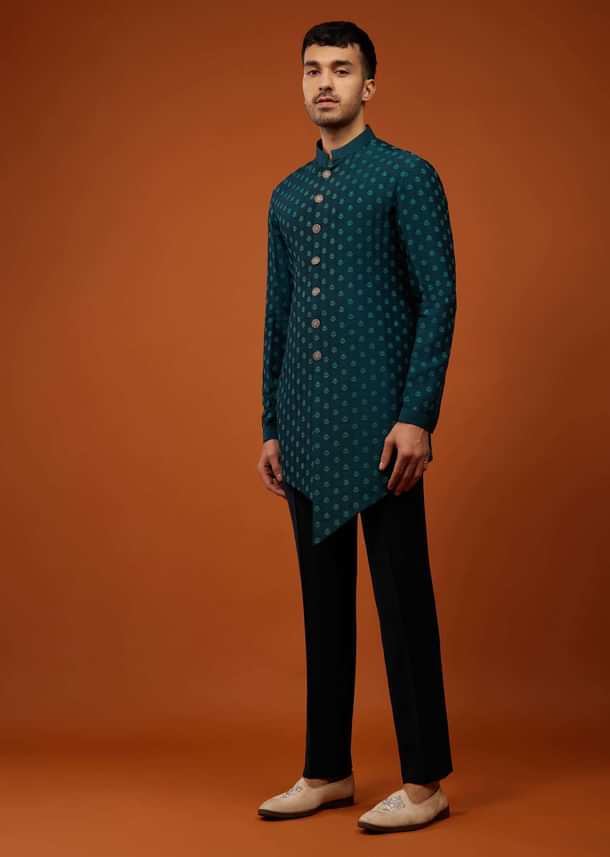 Bottle Green Embroidered Indo-Western Sherwani Set In Georgette