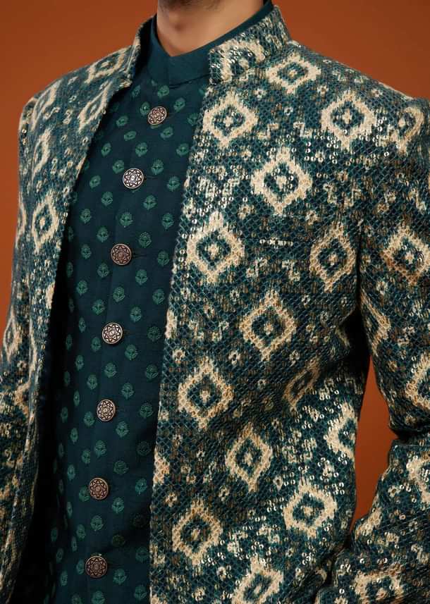 Bottle Green Embroidered Indo-Western Sherwani Set In Georgette