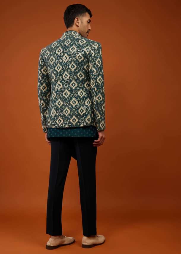 Bottle Green Embroidered Indo-Western Sherwani Set In Georgette