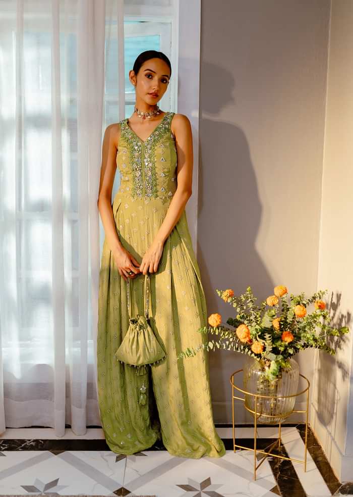 Green Embroidered Jumpsuit With Potli Bag