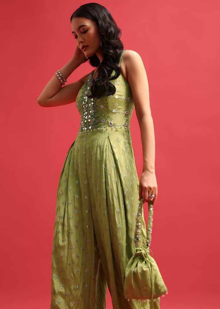 Green Embroidered Jumpsuit With Potli Bag