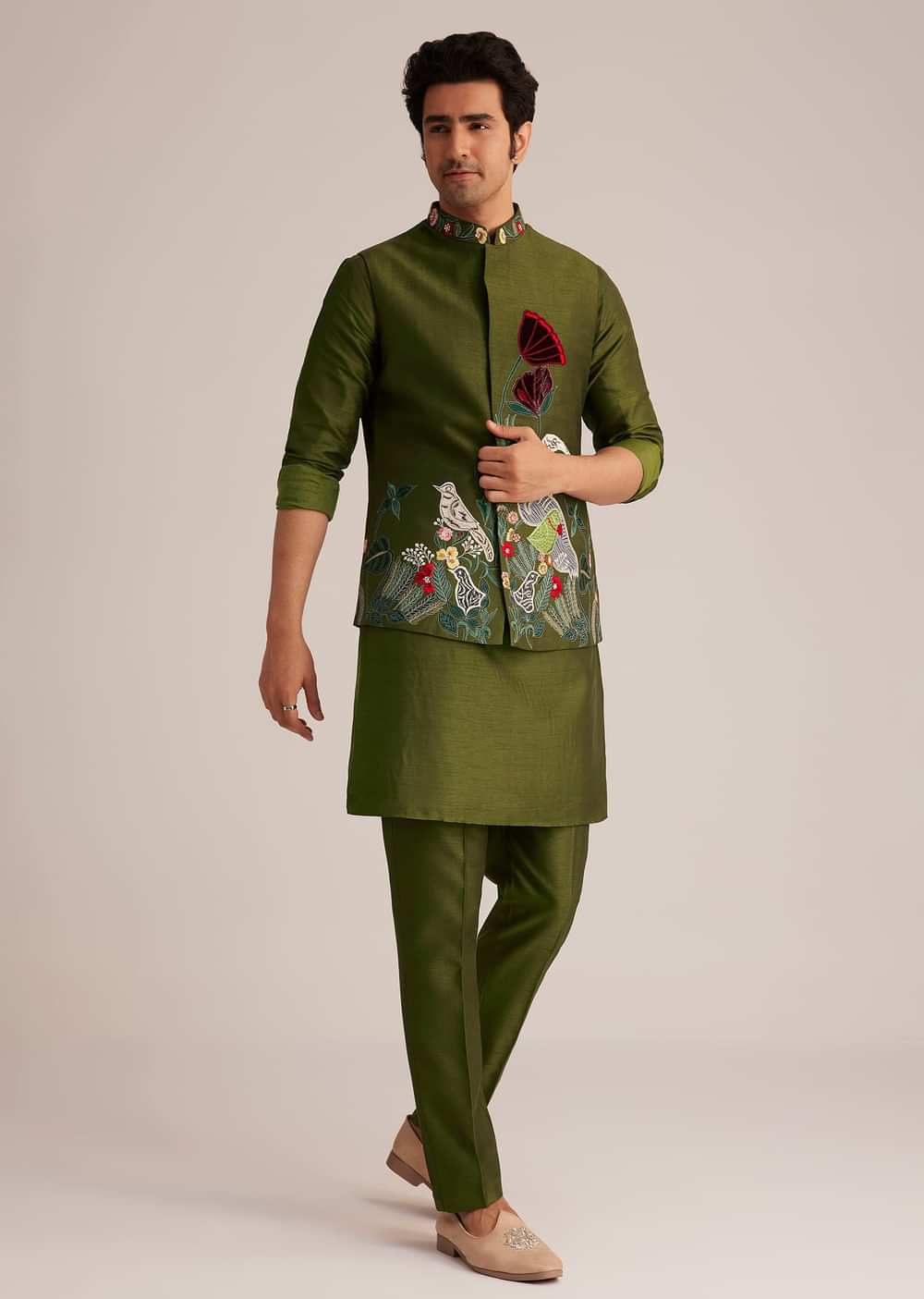 Green Embroidered Nehru Jacket With Bird Detailing