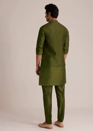 Green Embroidered Nehru Jacket With Bird Detailing
