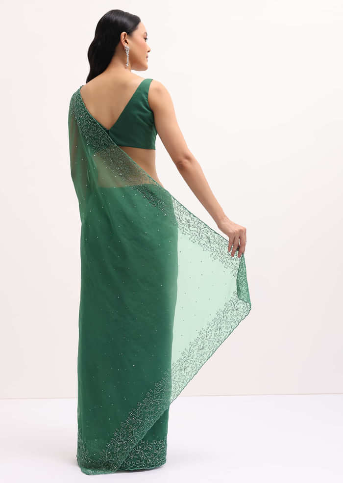 Green Embroidered Organza Saree With Unstitched Blouse