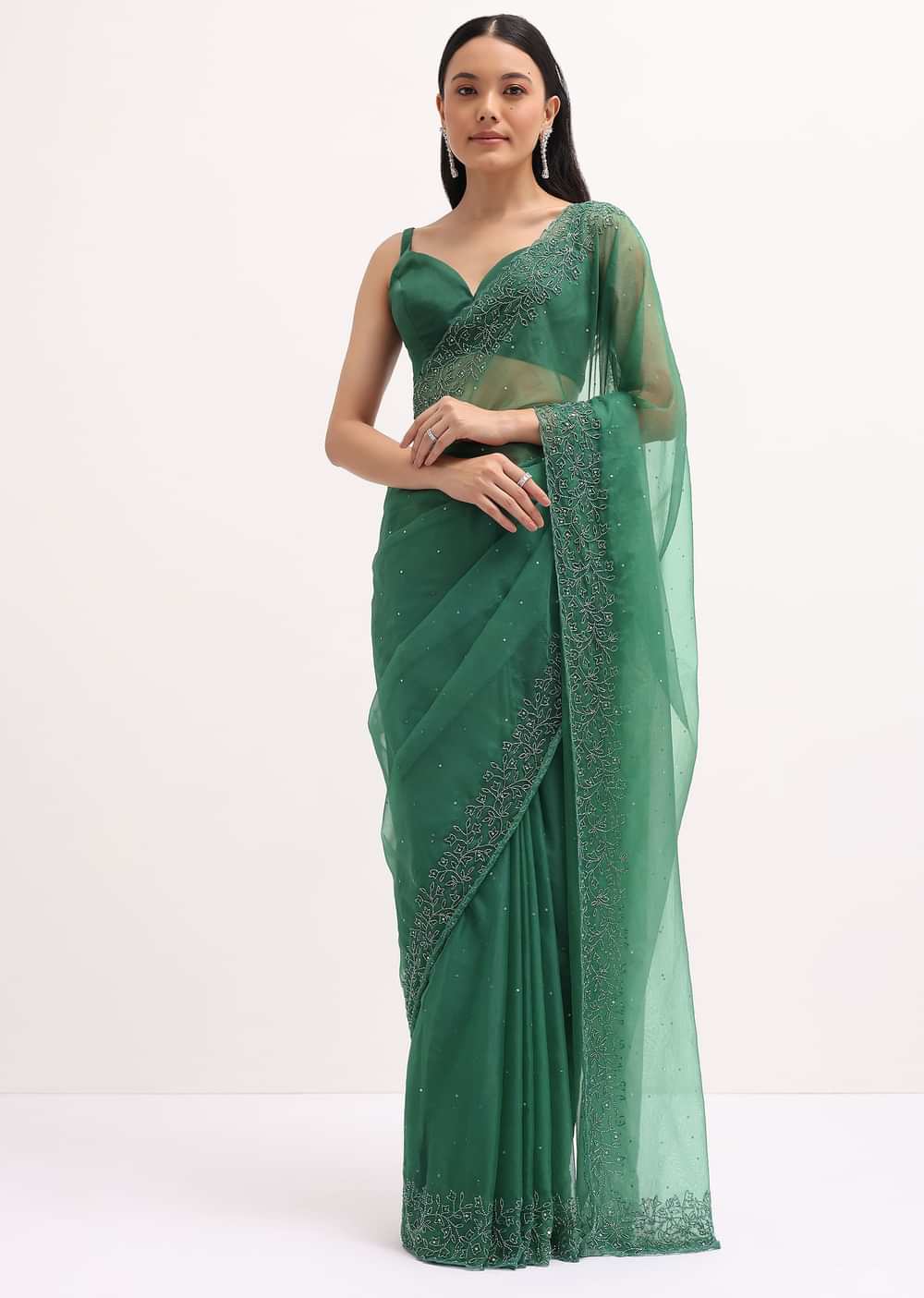 Green Embroidered Organza Saree With Unstitched Blouse
