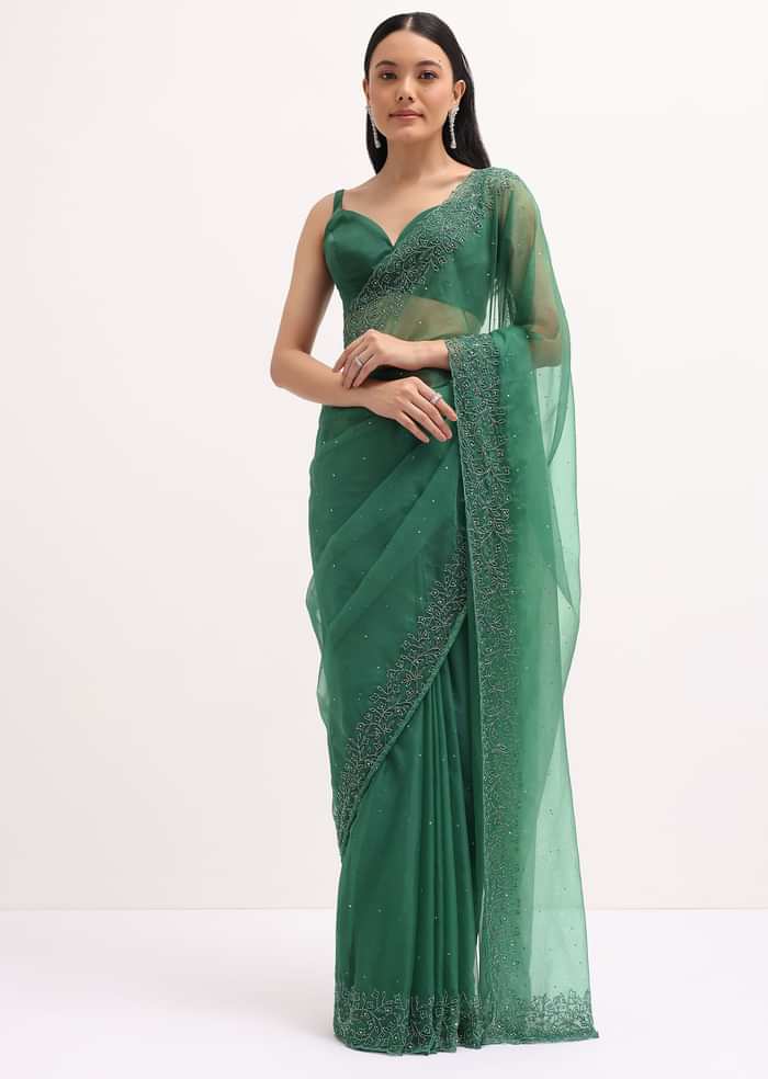 Green Embroidered Organza Saree With Unstitched Blouse
