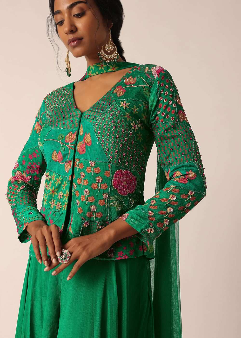 Green Embroidered Palazzo Set With Floral Motif Work