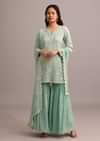 Green Embroidered Sharara Set With Butti Work On Organza Dupatta