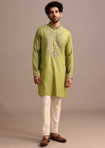 Green Embroidered Silk Kurta Jacket Set For Men