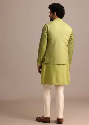 Green Embroidered Silk Kurta Jacket Set For Men