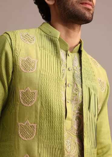 Green Embroidered Silk Kurta Jacket Set For Men