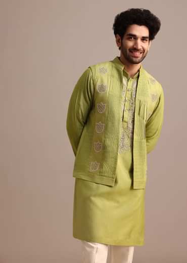 Green Embroidered Silk Kurta Jacket Set For Men