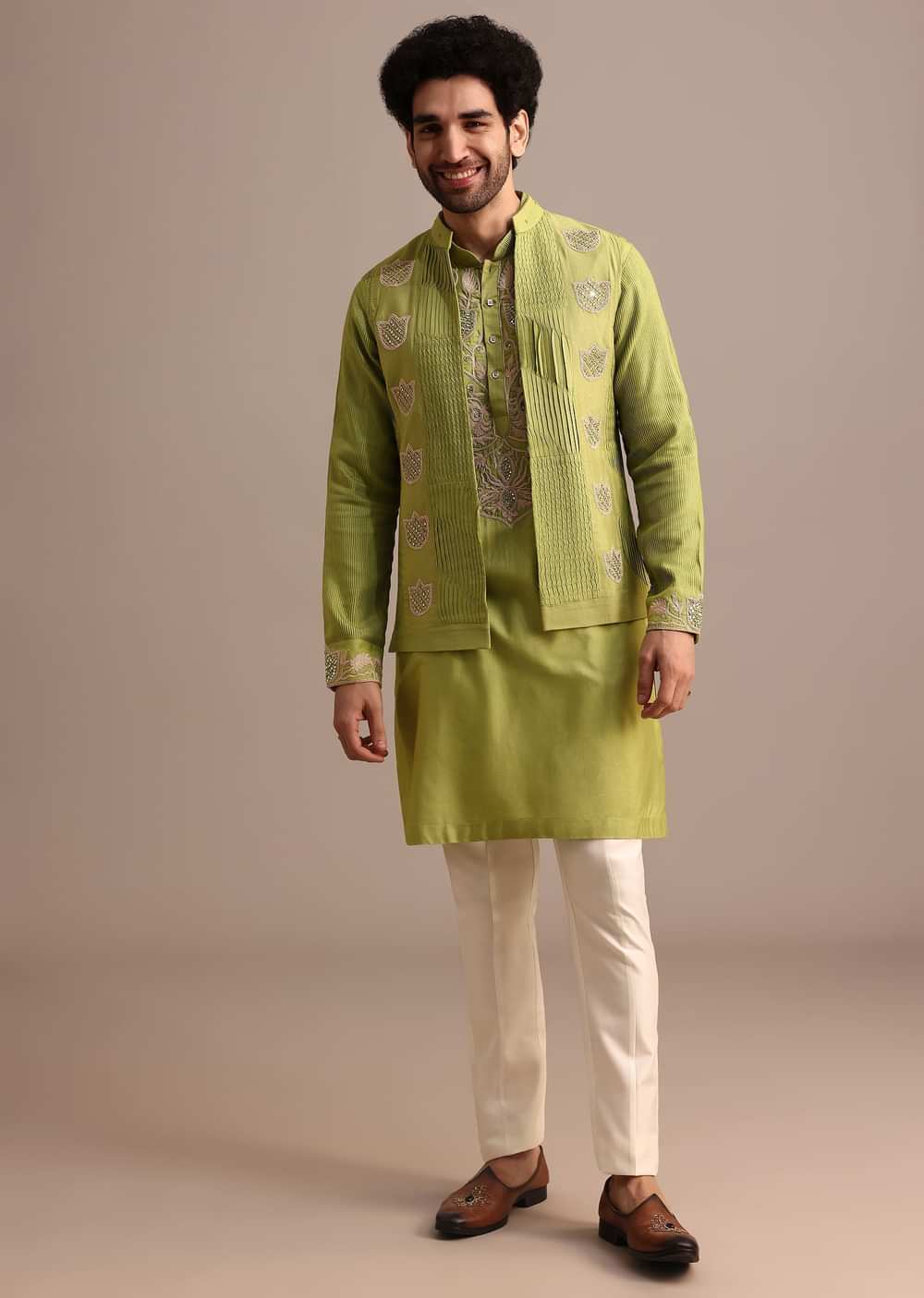 Green Embroidered Silk Kurta Jacket Set For Men