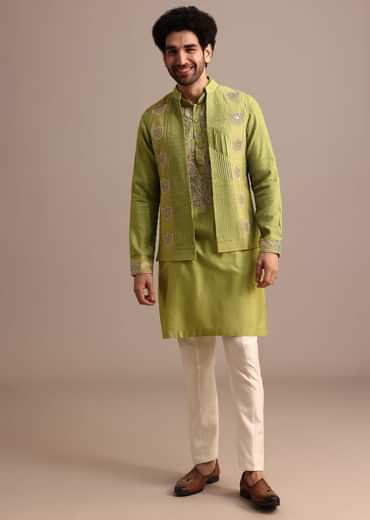 Green Embroidered Silk Kurta Jacket Set For Men