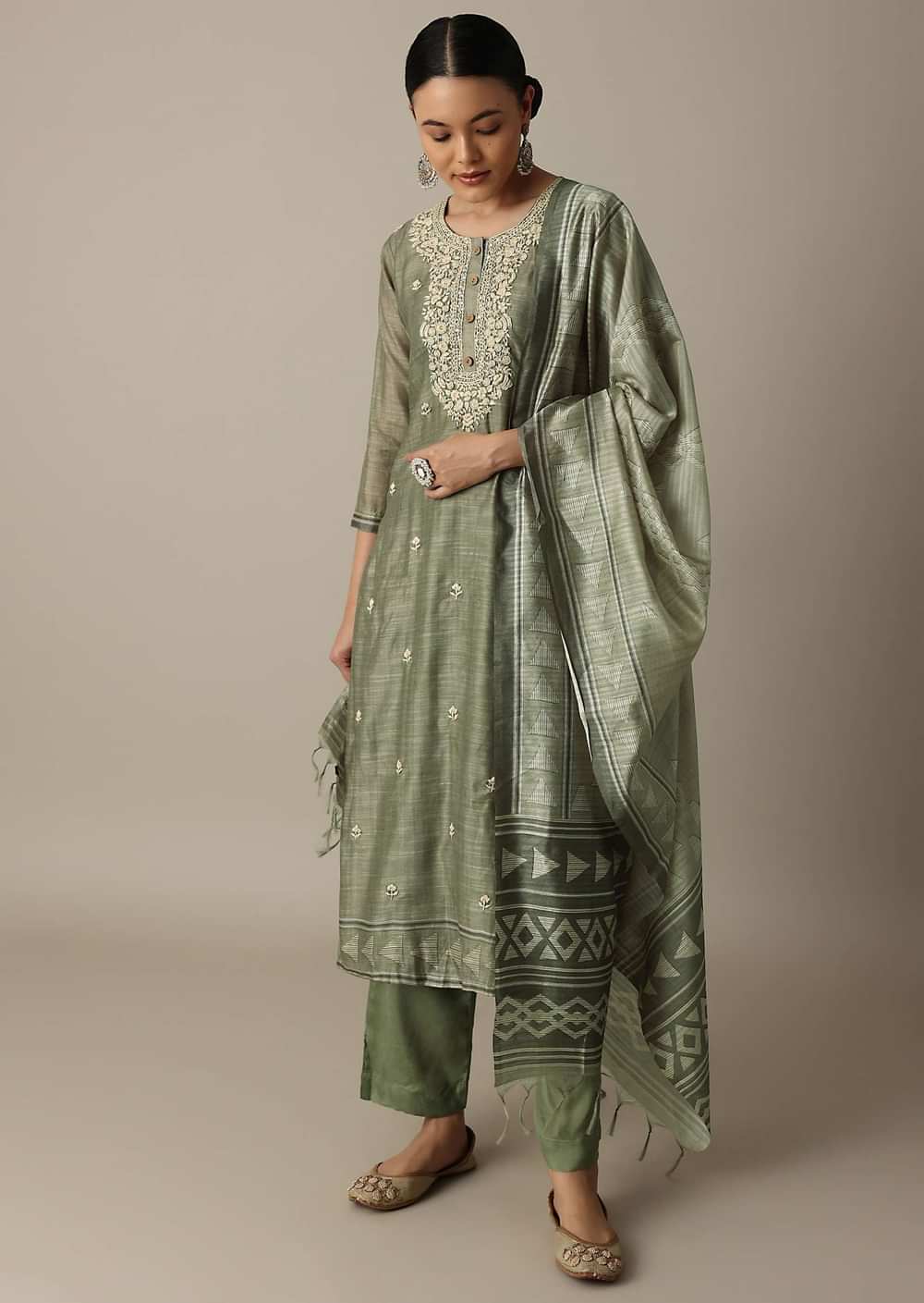 Green Emerald Elegance Cotton Silk Kurti Pant Set