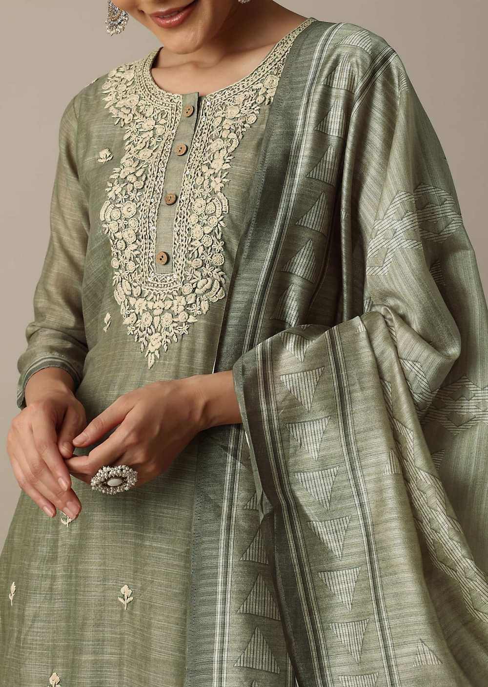 Green Emerald Elegance Cotton Silk Kurti Pant Set