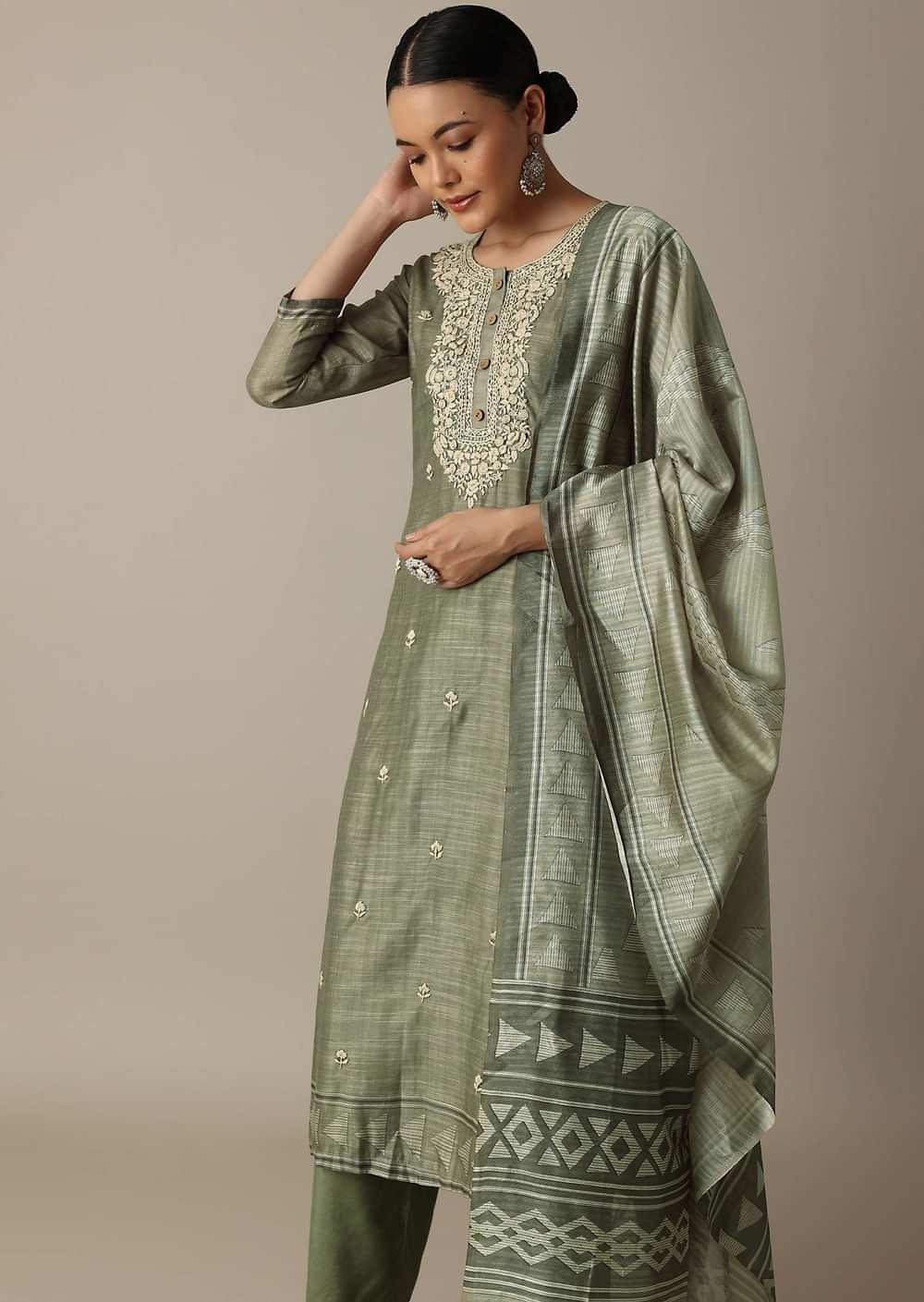 Green Emerald Elegance Cotton Silk Kurti Pant Set