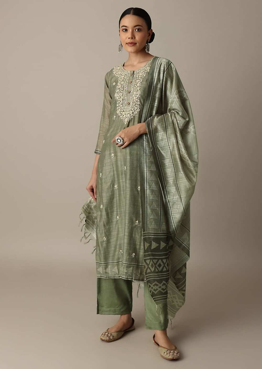 Green Emerald Elegance Cotton Silk Kurti Pant Set