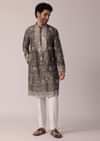 Green Festive Floral Printed Silk Kurta Set For Men
