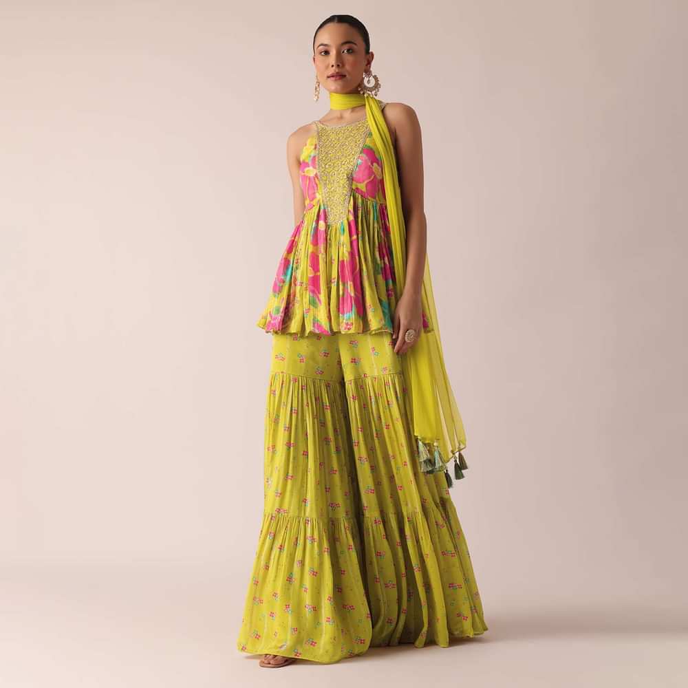 Green Floral Print Kurta And Sharara Set