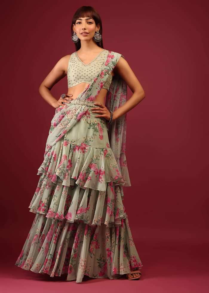 Mint Green Floral Print Pleated Lehenga Saree In Layered Frill Pattern With An Embellished Blouse