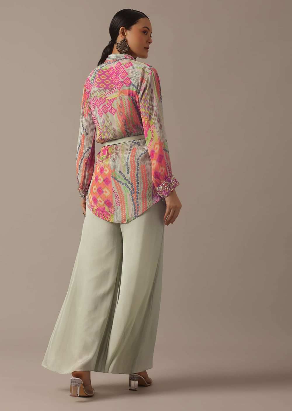 Green Floral Print Shirt And Palazzo Set With Belt