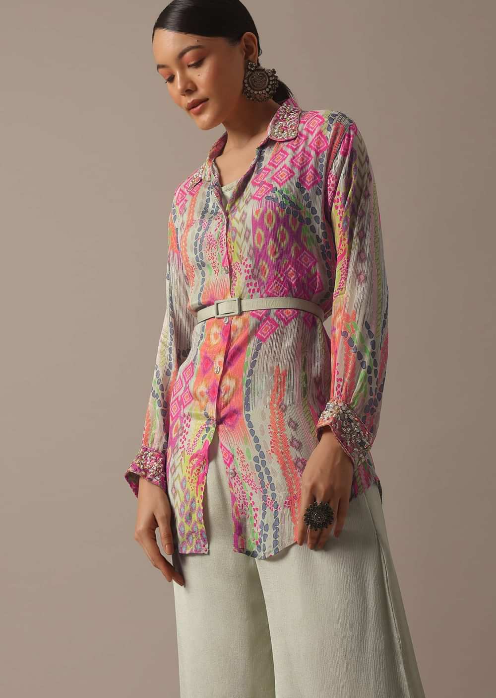 Green Floral Print Shirt And Palazzo Set With Belt