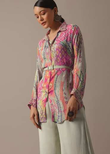 Green Floral Print Shirt And Palazzo Set With Belt