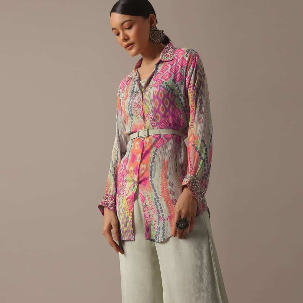 Green Floral Print Shirt And Palazzo Set With Belt