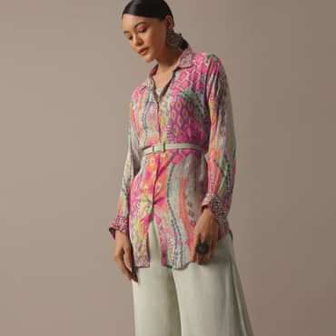 Green Floral Print Shirt And Palazzo Set With Belt