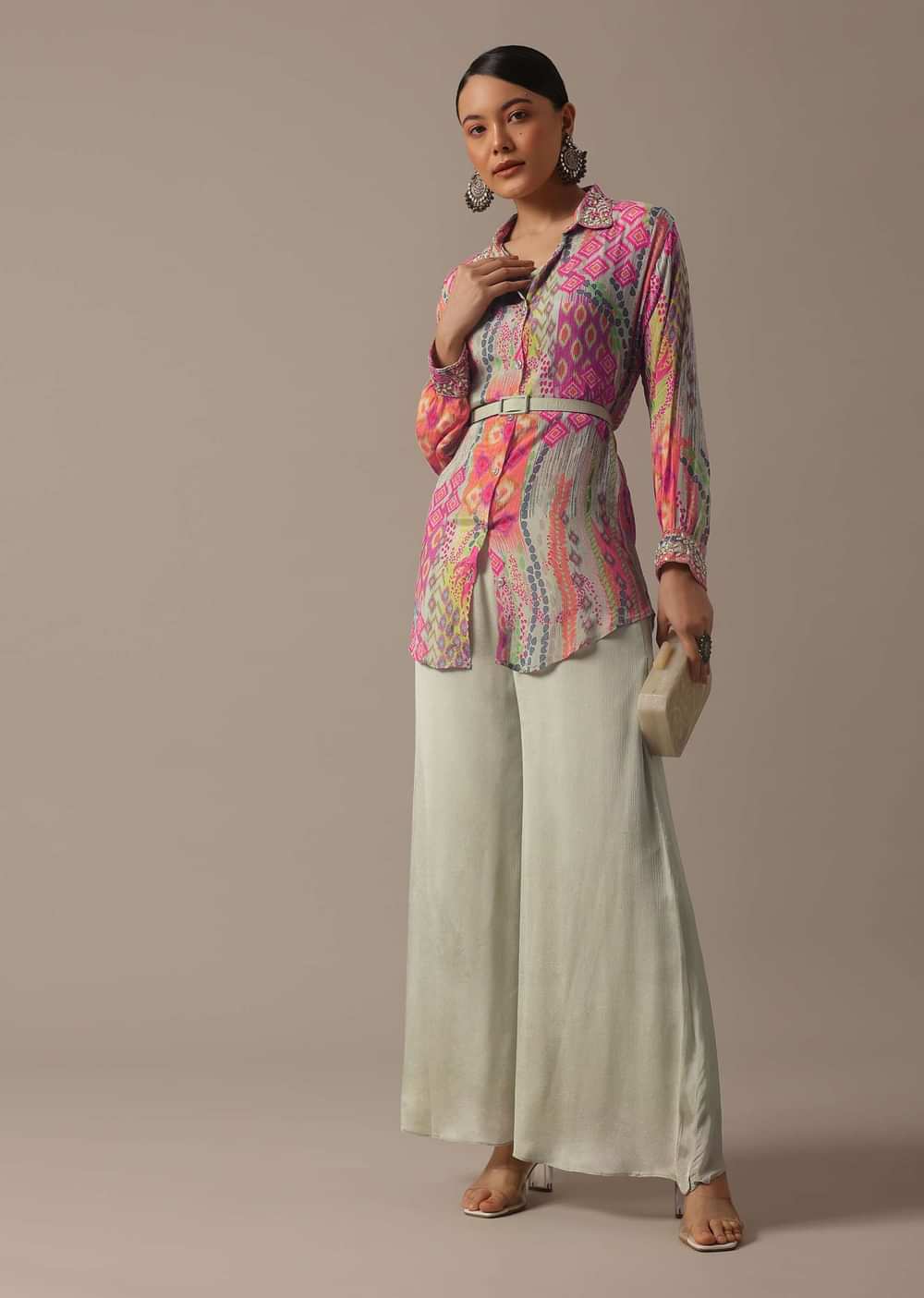 Green Floral Print Shirt And Palazzo Set With Belt