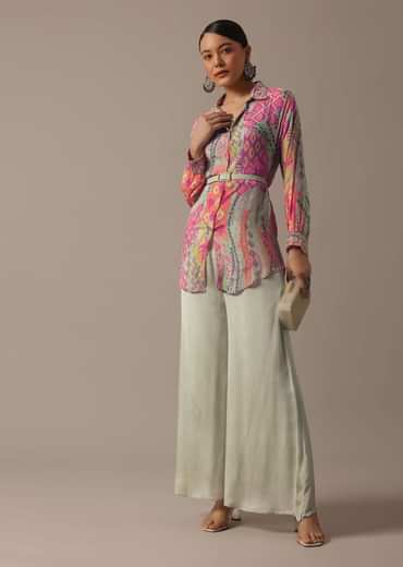 Green Floral Print Shirt And Palazzo Set With Belt