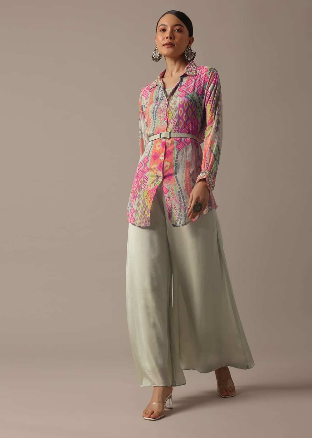 Green Floral Print Shirt And Palazzo Set With Belt