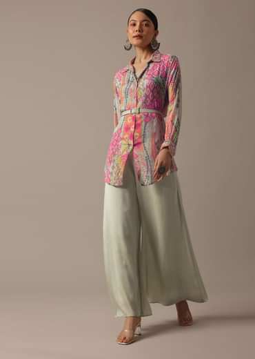 Green Floral Print Shirt And Palazzo Set With Belt