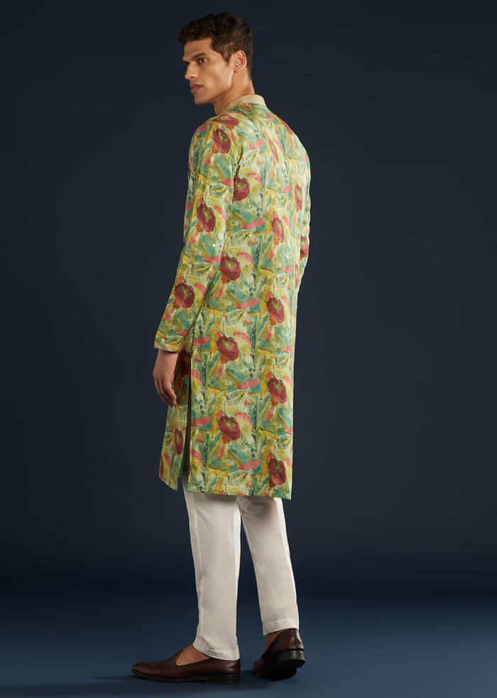 Green Floral Print Silk Kurta Set