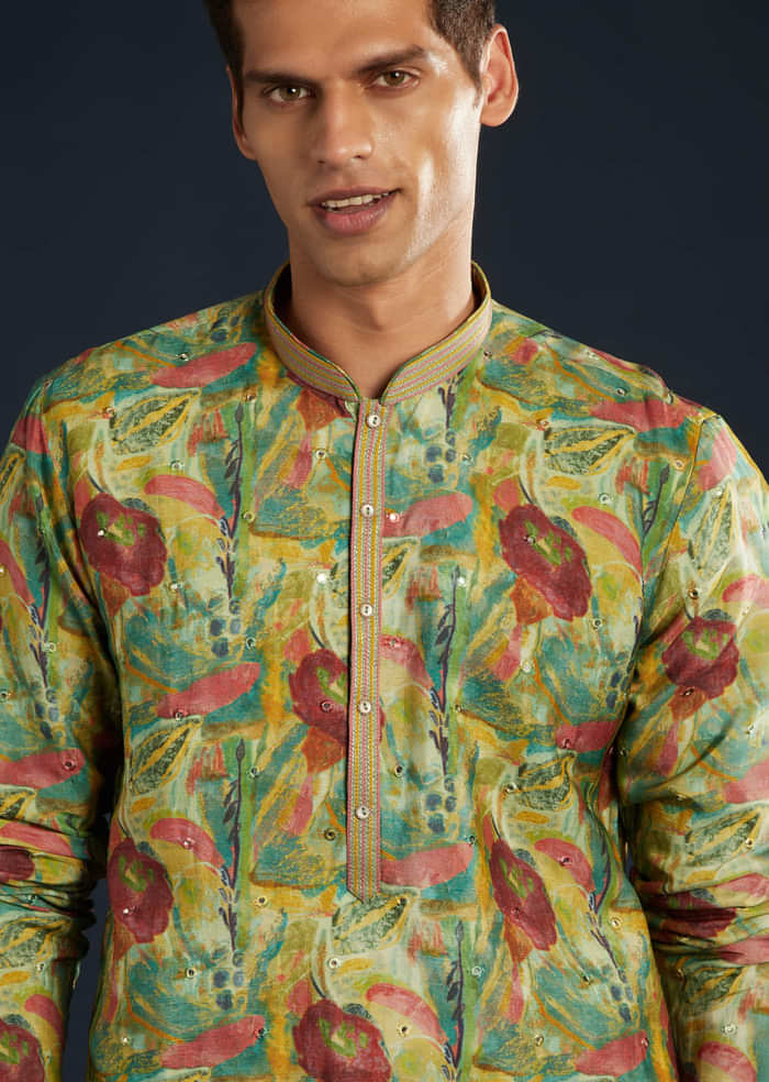 Green Floral Print Silk Kurta Set