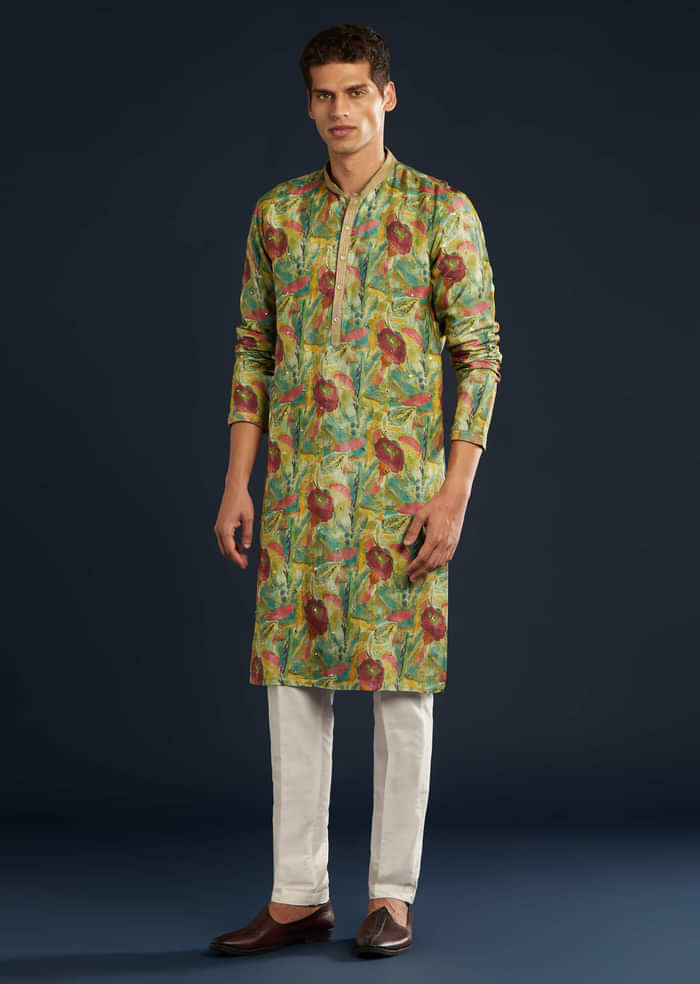 Green Floral Print Silk Kurta Set