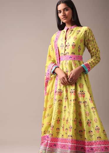 Green Floral Printed Anarkali Suit Set In Tussar Silk